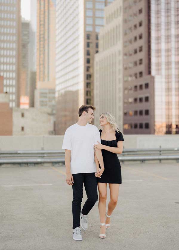 couple walking and smiling 